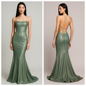 Sherri Hill 52614 Metallic Green Mermaid Gown Strappy Back Size 2